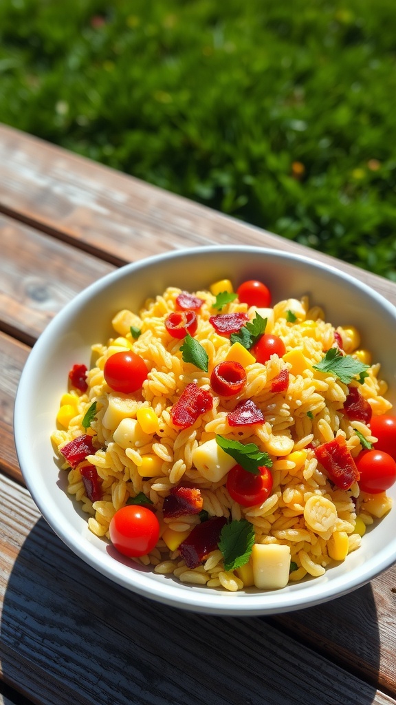 Delicious Summer Orzo Pasta Salad with Bacon and Corn A colorful orzo pasta salad with corn, bacon, and tomatoes served in a bowl on a picnic table.